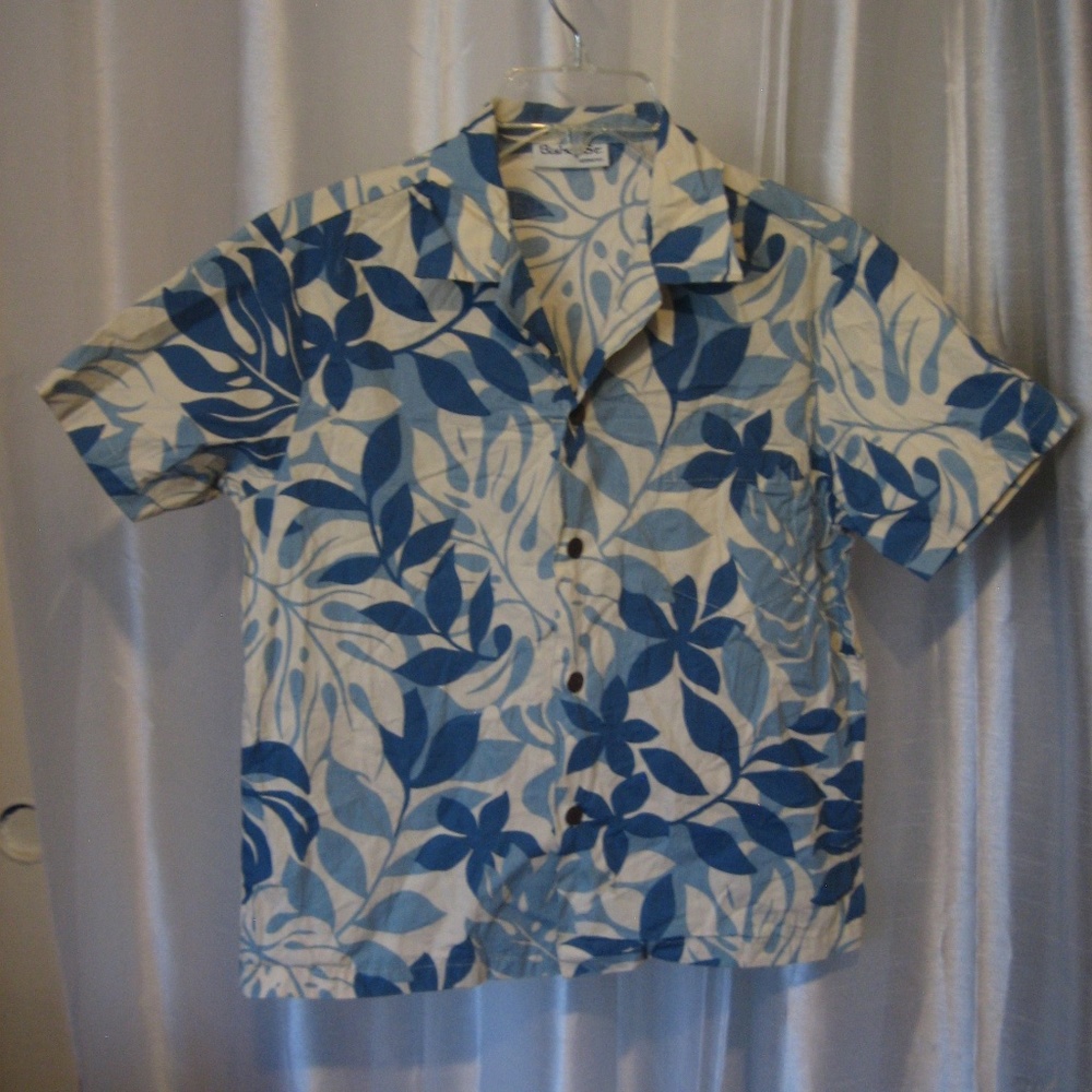 Bishop St Leaf Print Button Down Multi Blue/Cream Hawaiian Shirt Sz 10 Pre-Owned